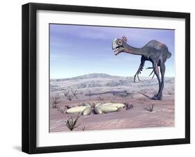 Female Gigantoraptor Dinosaur Walking to its Nest Full of Eggs-null-Framed Art Print