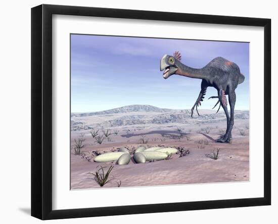 Female Gigantoraptor Dinosaur Walking to its Nest Full of Eggs-null-Framed Art Print