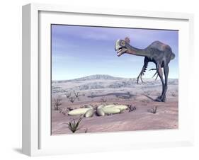 Female Gigantoraptor Dinosaur Walking to its Nest Full of Eggs-null-Framed Art Print