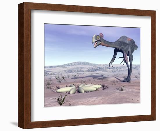 Female Gigantoraptor Dinosaur Walking to its Nest Full of Eggs-null-Framed Art Print