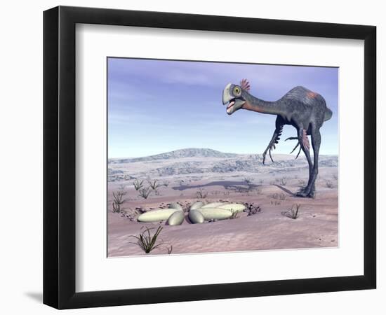 Female Gigantoraptor Dinosaur Walking to its Nest Full of Eggs-null-Framed Art Print