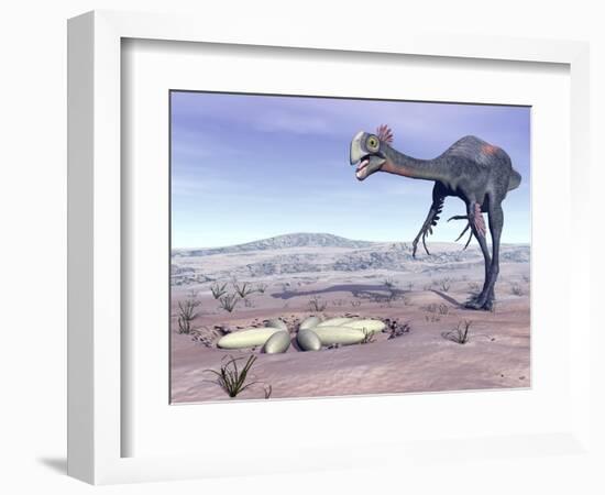 Female Gigantoraptor Dinosaur Walking to its Nest Full of Eggs-null-Framed Art Print