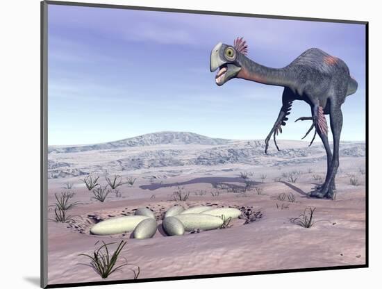 Female Gigantoraptor Dinosaur Walking to its Nest Full of Eggs-null-Mounted Art Print