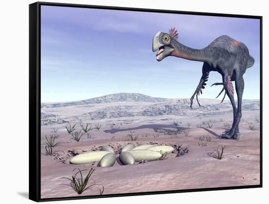 Female Gigantoraptor Dinosaur Walking to its Nest Full of Eggs-null-Framed Stretched Canvas