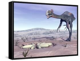 Female Gigantoraptor Dinosaur Walking to its Nest Full of Eggs-null-Framed Stretched Canvas