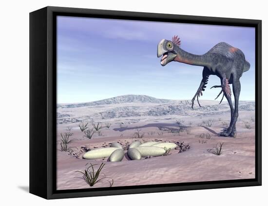 Female Gigantoraptor Dinosaur Walking to its Nest Full of Eggs-null-Framed Stretched Canvas