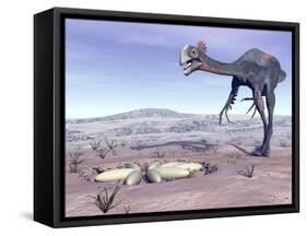 Female Gigantoraptor Dinosaur Walking to its Nest Full of Eggs-null-Framed Stretched Canvas