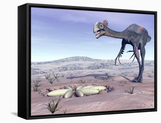 Female Gigantoraptor Dinosaur Walking to its Nest Full of Eggs-null-Framed Stretched Canvas