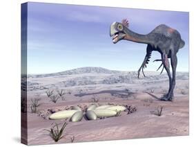 Female Gigantoraptor Dinosaur Walking to its Nest Full of Eggs-null-Stretched Canvas