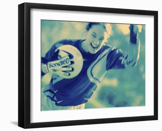 Female Goalie Holding a Soccer Ball-null-Framed Premium Photographic Print