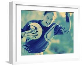 Female Goalie Holding a Soccer Ball-null-Framed Premium Photographic Print