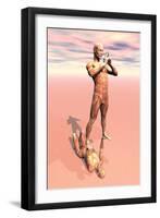 Female Lying on the Ground Holding a Male Upon Her Two Hands-null-Framed Art Print