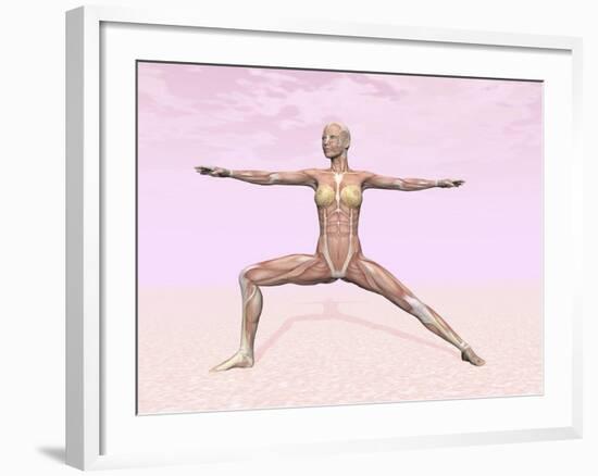 Female Musculature Performing Warrior Yoga Pose-null-Framed Art Print