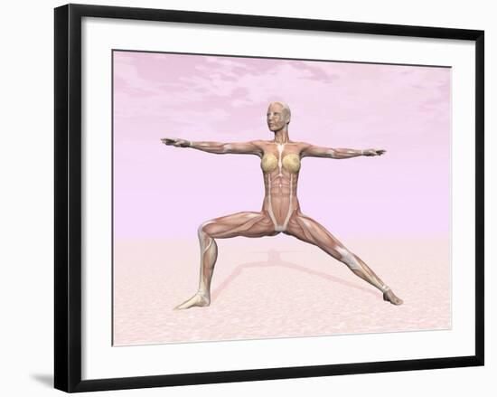 Female Musculature Performing Warrior Yoga Pose-null-Framed Art Print