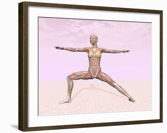 Female Musculature Performing Warrior Yoga Pose-null-Framed Art Print