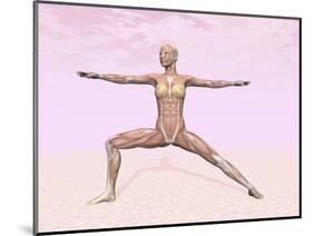 Female Musculature Performing Warrior Yoga Pose-null-Mounted Art Print