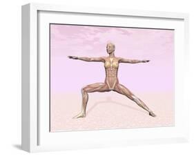 Female Musculature Performing Warrior Yoga Pose-null-Framed Art Print