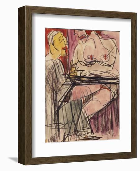 Female Nude and Man Sitting at a Table; Weiblicher Akt Und Mann an Einem Tisch Sitzend-Ernst Ludwig Kirchner-Framed Giclee Print