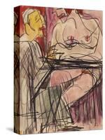 Female Nude and Man Sitting at a Table; Weiblicher Akt Und Mann an Einem Tisch Sitzend-Ernst Ludwig Kirchner-Stretched Canvas