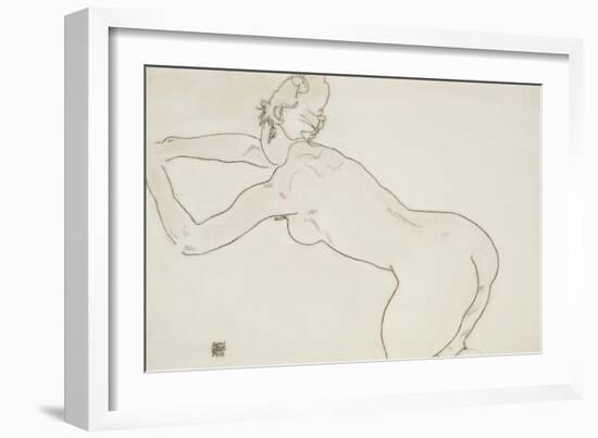 Female Nude Kneeling and Bending Forward to the Left, 1918-Egon Schiele-Framed Giclee Print