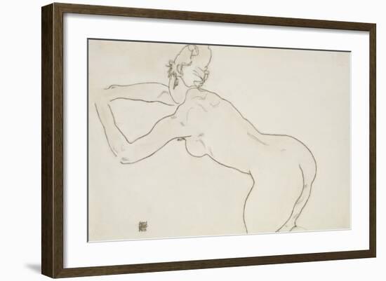 Female Nude Kneeling and Bending Forward to the Left, 1918-Egon Schiele-Framed Giclee Print