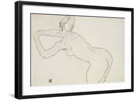 Female Nude Kneeling and Bending Forward to the Left, 1918-Egon Schiele-Framed Giclee Print