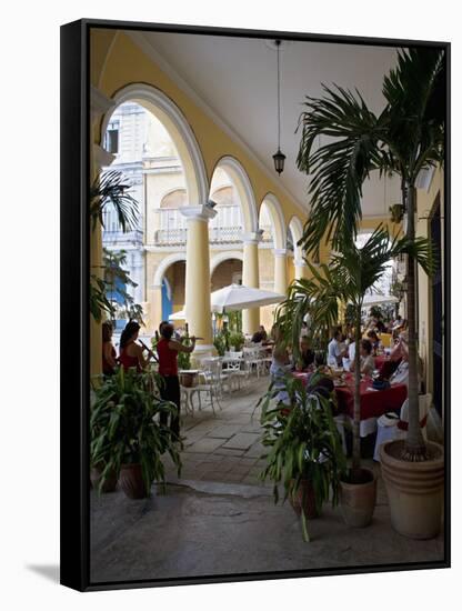 Female Reed Trio Playing to Diners at the Santo Angel Restaurant, Plaza Vieja, Old Havana-John Harden-Framed Stretched Canvas