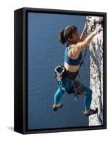 Female Rock Climber Reaching for a Grip, New Paltz, New York, USA-null-Framed Stretched Canvas