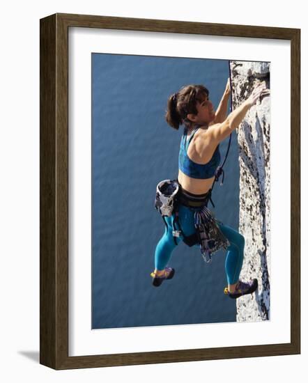 Female Rock Climber Reaching for a Grip, New Paltz, New York, USA-null-Framed Photographic Print