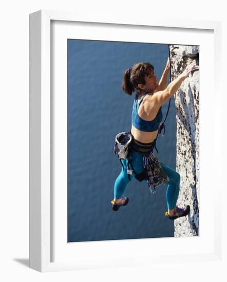 Female Rock Climber Reaching for a Grip, New Paltz, New York, USA-null-Framed Photographic Print