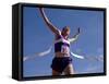 Female Runner Celebrates Victory at the Finish Line-null-Framed Stretched Canvas