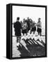 Female Soccer Team Standing in Front of Their Couch-null-Framed Stretched Canvas