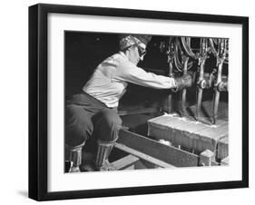 Female Steel Worker Operating Four Torch Machine to Cut Large Slab of Steel at Mill-Margaret Bourke-White-Framed Premium Photographic Print