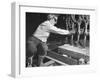 Female Steel Worker Operating Four Torch Machine to Cut Large Slab of Steel at Mill-Margaret Bourke-White-Framed Premium Photographic Print