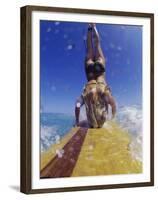 Female Surfer Doing a Headstand on a Surfboard-null-Framed Premium Photographic Print
