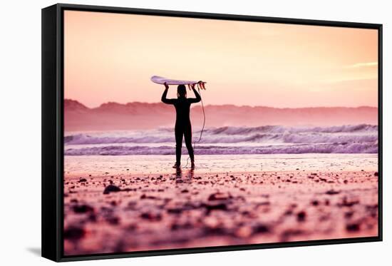 Female Surfer on the Beach at the Sunset-iko-Framed Stretched Canvas