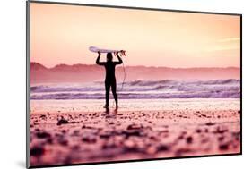 Female Surfer on the Beach at the Sunset-iko-Mounted Photographic Print