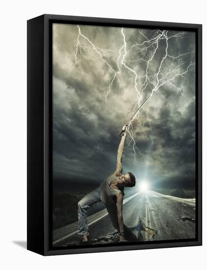 Female Warrior on the Road with Her Katana Sword-Netfalls-Framed Stretched Canvas