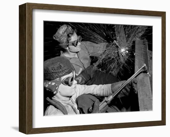 Female Welders at Work in a Steel Mill, Replacing Men Called to Duty During World War II-Margaret Bourke-White-Framed Photographic Print