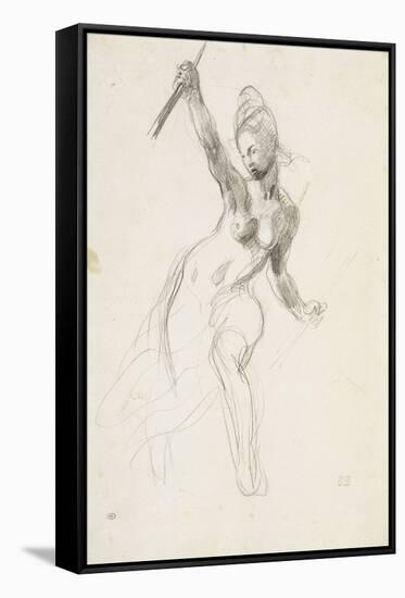 Femme à demi-nue brandissant un bâton ; Etude pour la "Liberté guidant le peuple" ; 1830-Eugene Delacroix-Framed Stretched Canvas