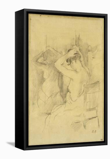 Femme demi-nue,vue de dos se coiffant une glace reflétant son corps-Berthe Morisot-Framed Stretched Canvas