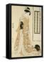 Femme en kimono rose et petit chien-Torii Kiyonaga-Framed Stretched Canvas
