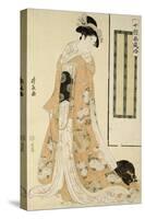 Femme en kimono rose et petit chien-Torii Kiyonaga-Stretched Canvas