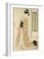 Femme en kimono rose et petit chien-Torii Kiyonaga-Framed Giclee Print