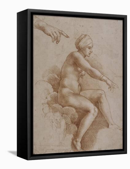 Femme nue assise sur des nuées portée par deux enfants ailés, reprise de la main droite et-Raffaello Sanzio-Framed Stretched Canvas