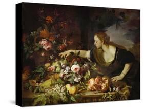 Femme prenant des fruits-a woman taking fruit. Perhaps allegory for a season, 1669.-Abraham Brueghel-Stretched Canvas