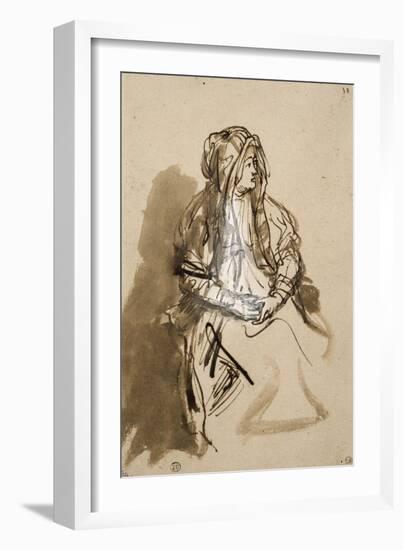 Femme (Saskia ?) assise, les mains sur les genoux, coiffée d'un long voile-Rembrandt van Rijn-Framed Giclee Print