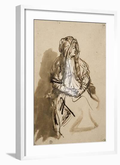 Femme (Saskia ?) assise, les mains sur les genoux, coiffée d'un long voile-Rembrandt van Rijn-Framed Giclee Print