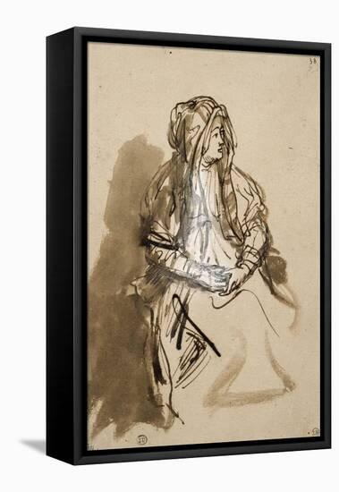 Femme (Saskia ?) assise, les mains sur les genoux, coiffée d'un long voile-Rembrandt van Rijn-Framed Stretched Canvas