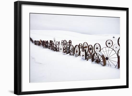 Fence Made of Old Iron Wheels on Snow-Terry Eggers-Framed Photographic Print